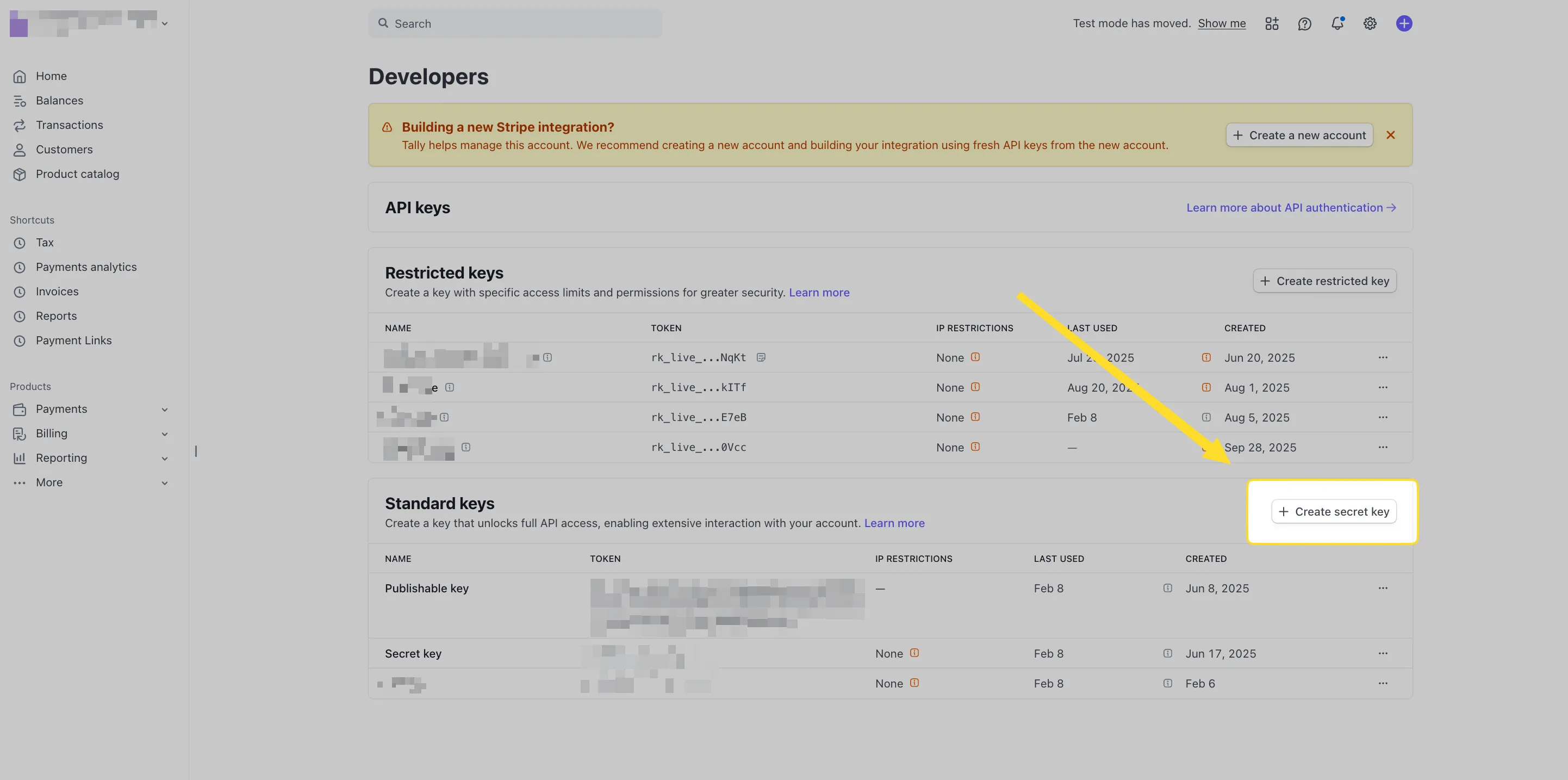 Panel Stripe Developers — strona API keys z przyciskiem Create secret key
