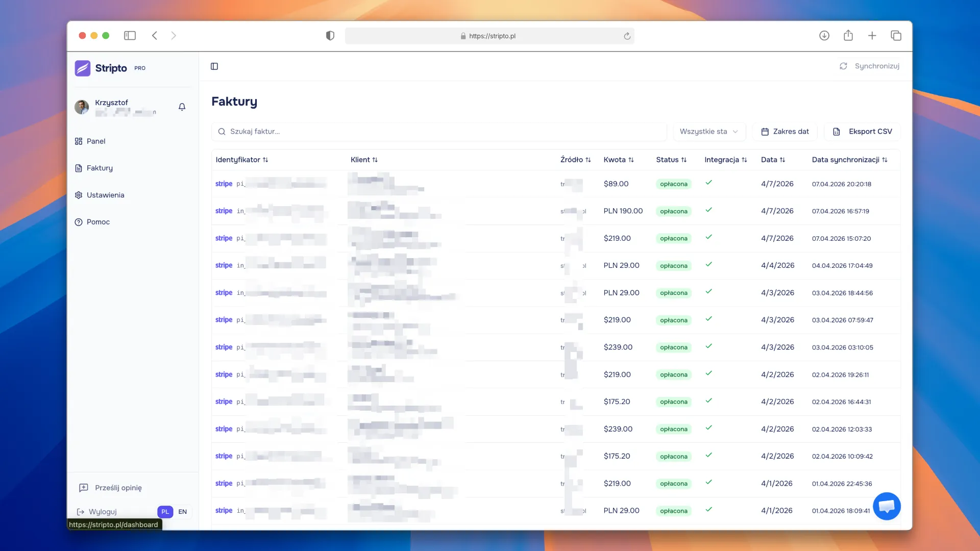 Panel Stripto: lista automatycznie wystawionych faktur z płatności Stripe